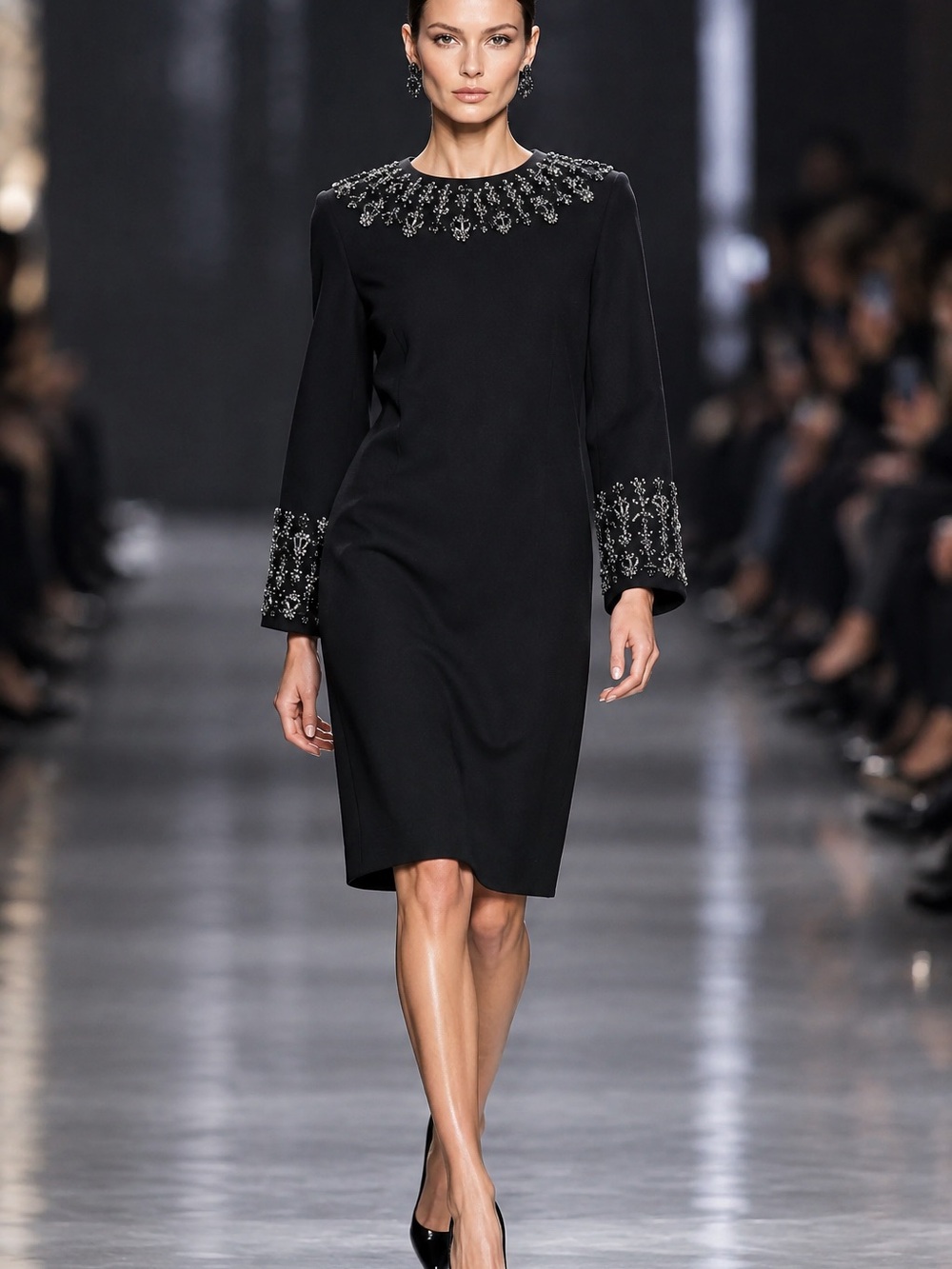 J. Crew Black Long-Sleeve Embellished Sheath Dress